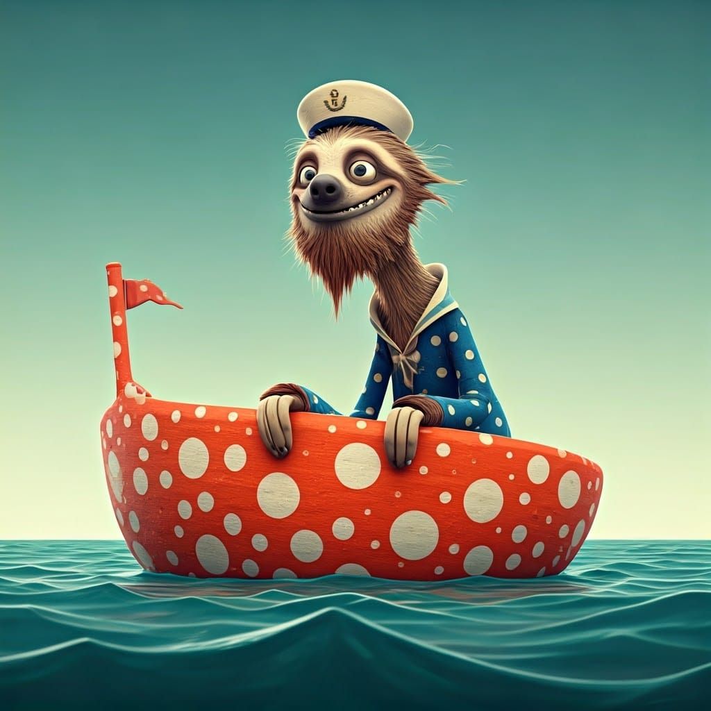 Cartoon Sloth on Fishing Boat, Stop-Motion Style