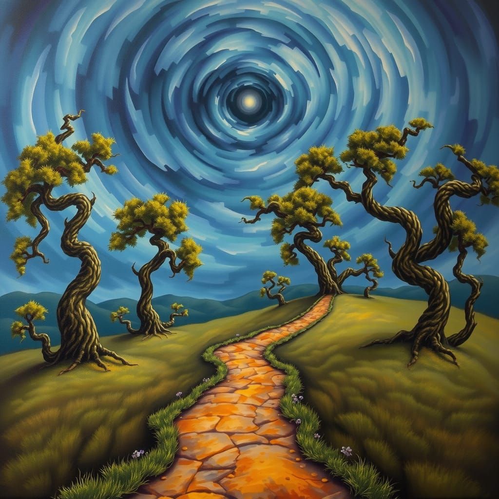 Surreal Landscape Path With Anthropomorphic Trees