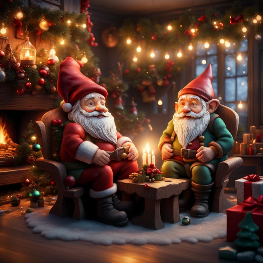 Gnome Couple in Christmas Room: Fantasy Art