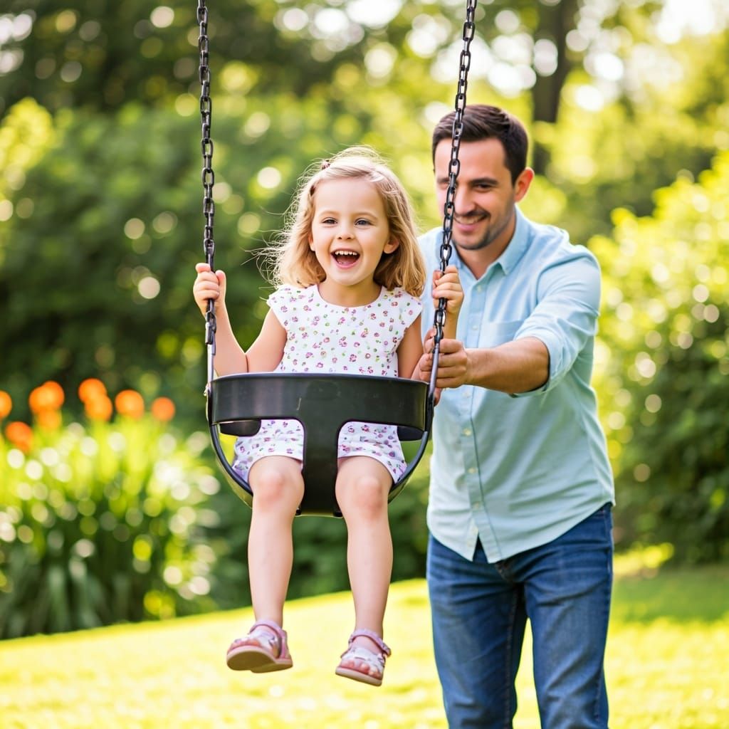 Father's Day: Hyperrealistic Park Scene with Child on Swing