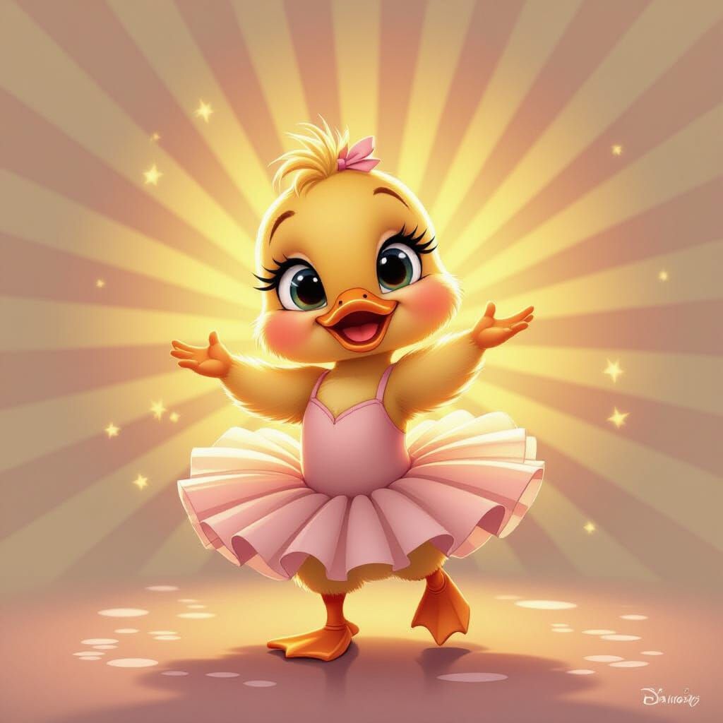 Cartoon Duckling Dancing in Tutu, Watercolor Style