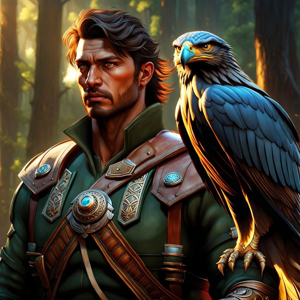 Epic Ranger with Hawk: Dark Fantasy Digital Art