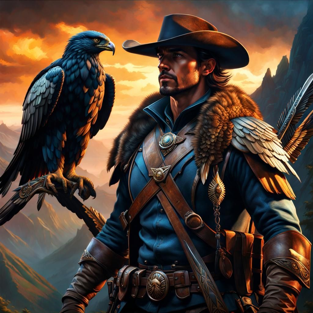 Handsome Ranger with Hawk: A Digital Masterpiece
