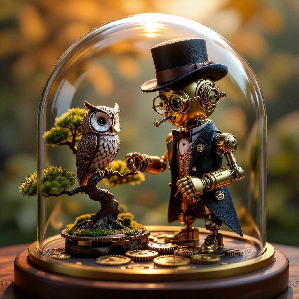Steampunk Automaton Inspects Clockwork Owl in Bonsai Cloche