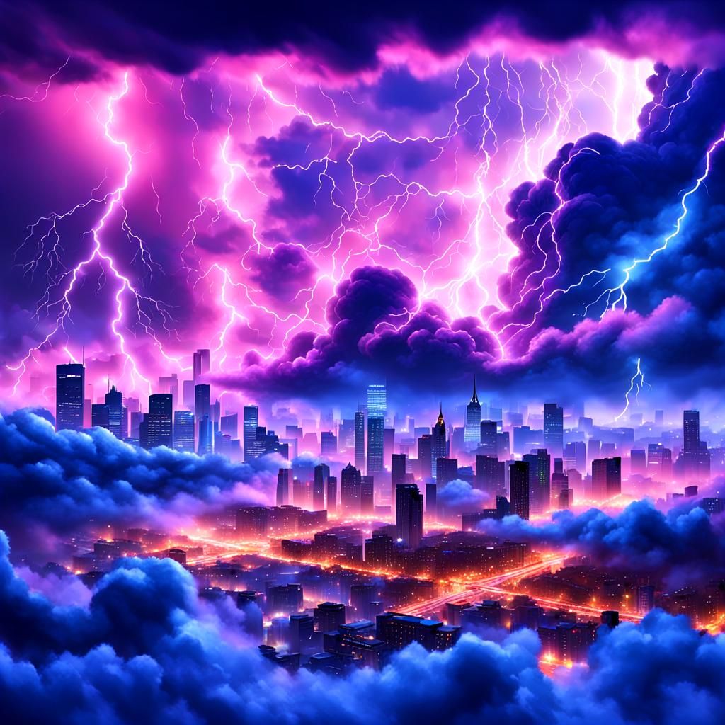 City in the Clouds During a Stormy Night