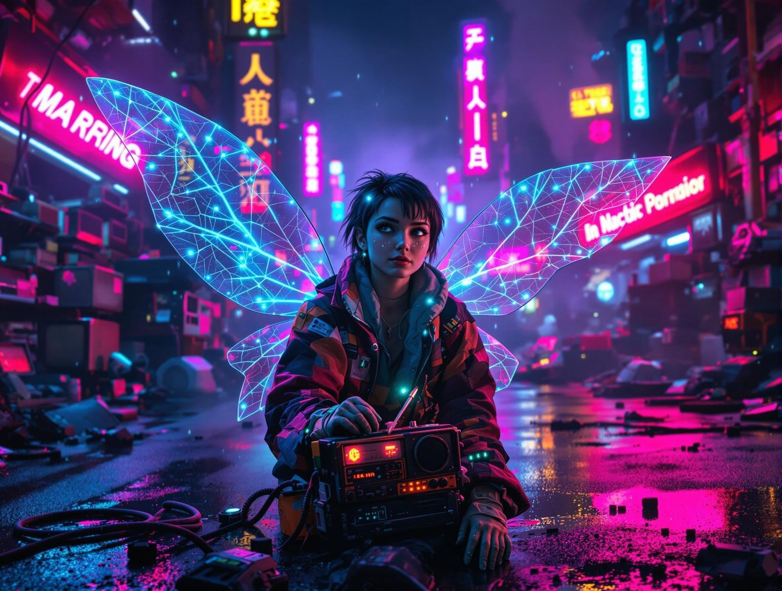 Cyberpunk Fairy in Neon Scrapyard at Night