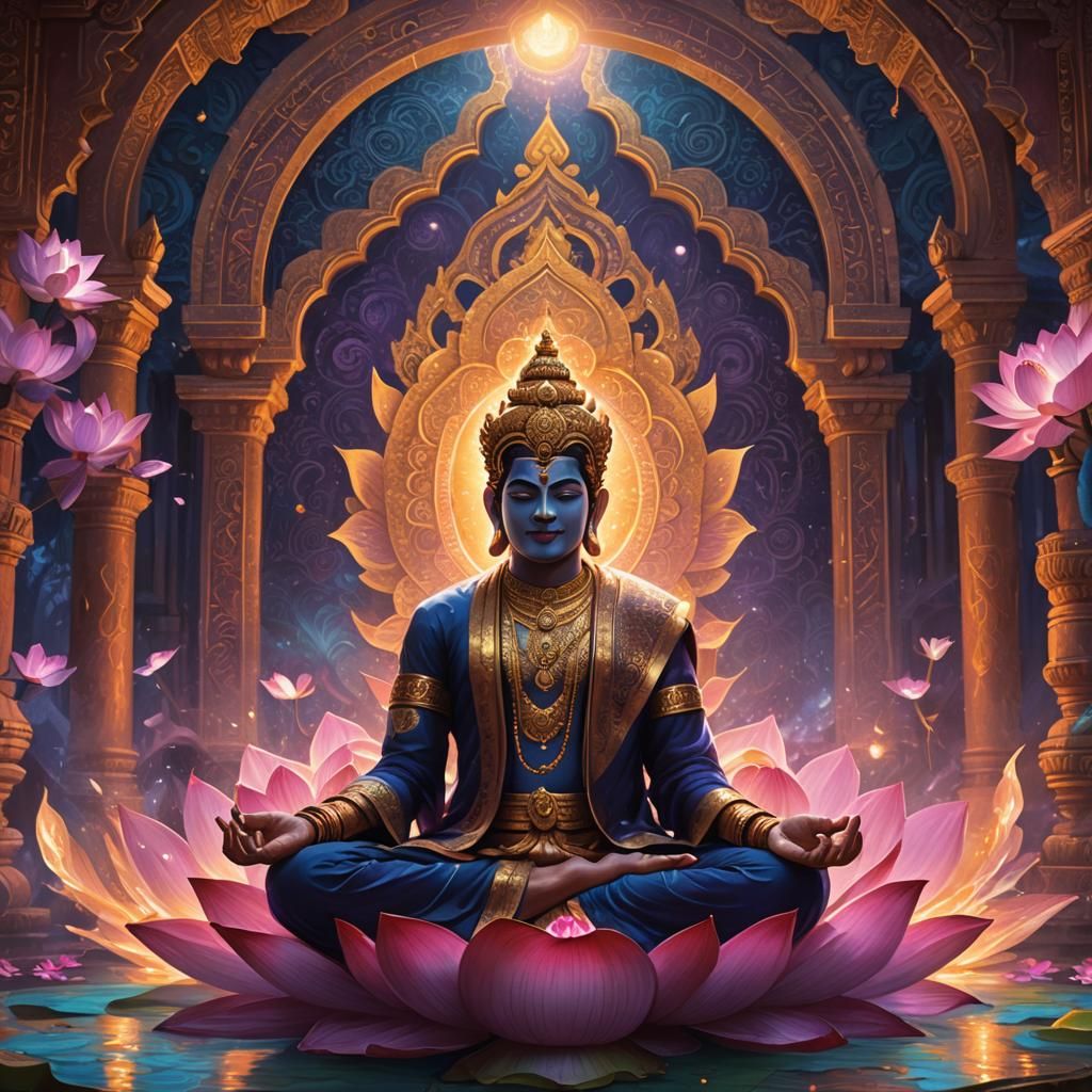 Lord Narayana on Lotus in Mystical Temple