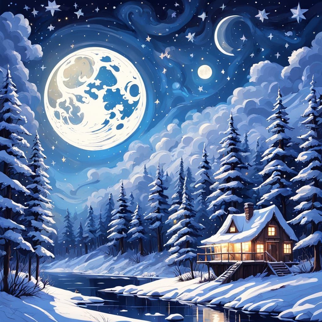 Luminous Winter Night Sky in Fantasy Painting
