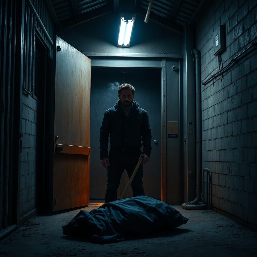 Mysterious Stranger in a Dimly Lit Industrial Lair