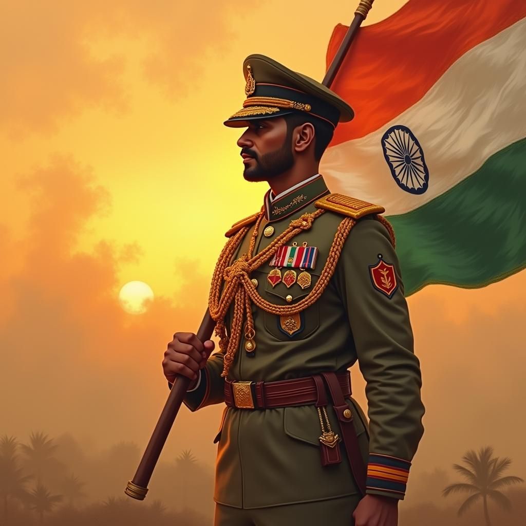 Proud Indian Soldier with Flag in Classic Style
