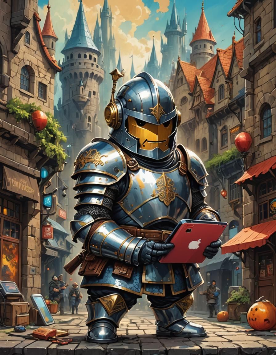Chibi Knight Enjoys iPad in Futuristic City