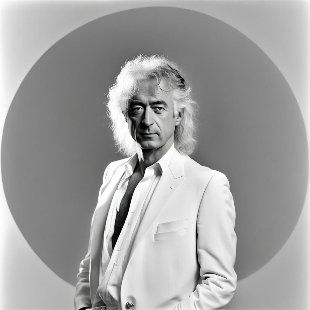 Jimmy Page standing in the center of a white background. His hair is white and ethereally intertwined with the backgro...