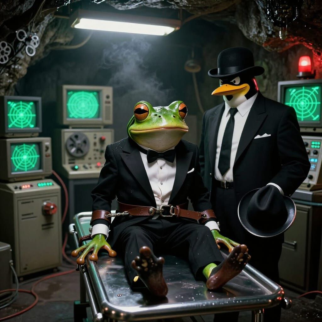 Anthropomorphic Frog Spy Interrogated by Penguin Villain