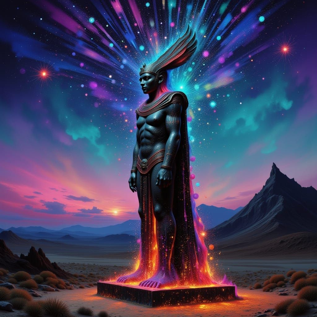 Majestic Obsidian God Statue in Cosmic Desert