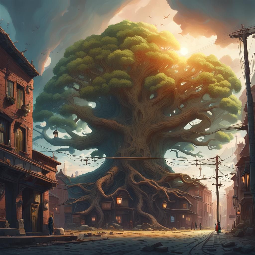 Colossal Tree in Ancient City, Fantasy Matte Painting