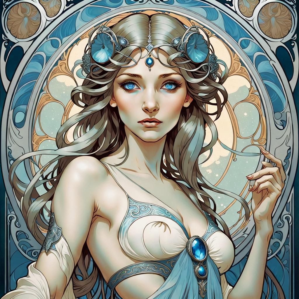 Banshee Maiden with Blue Eyes in Art Nouveau Style