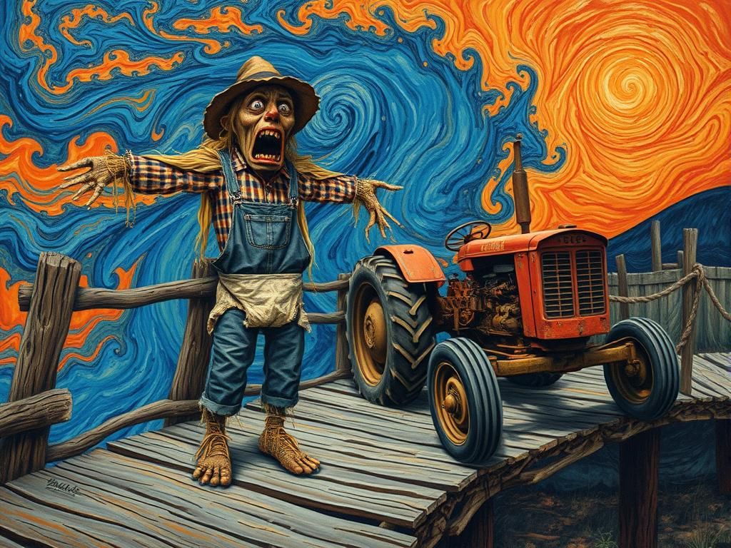 Distressed Scarecrow on Bridge in Psychedelic Art Style