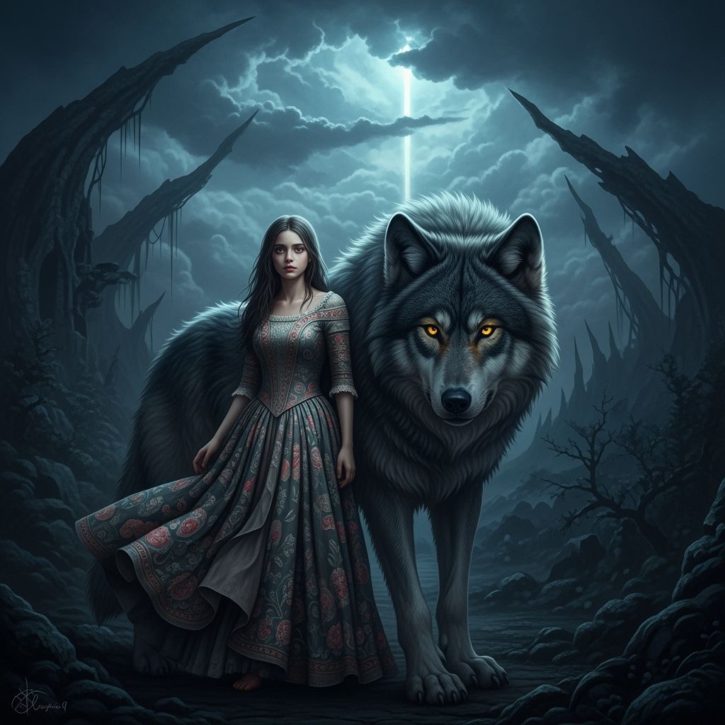 Lost Girl With Wolf in Eerie Atmosphere