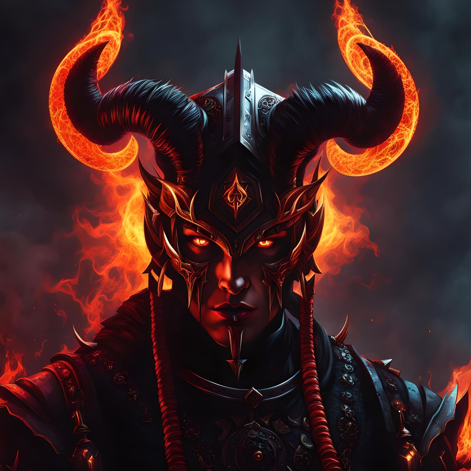 Demonpunk Warrior Priest with Horns in Glitchcore Style