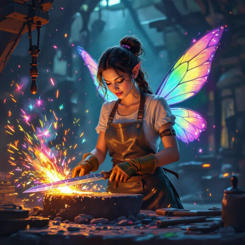 Fairy Blacksmith Forging Sword in Rainbow Forge