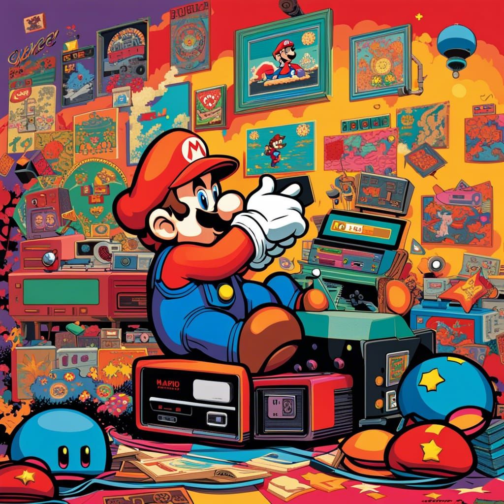 80s Mario Playing Super Mario in Pop Art Style