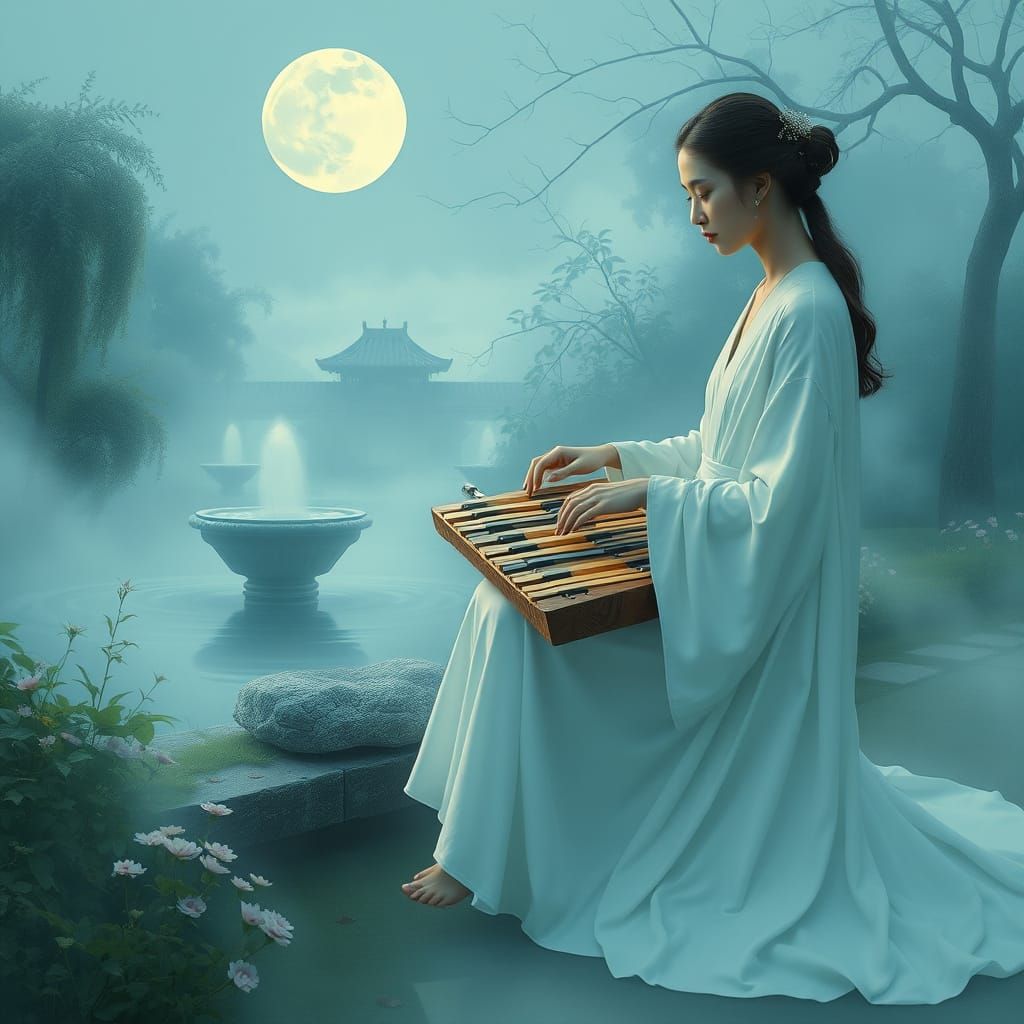 Serene Woman Plays Wooden Xylophone in Misty Garden