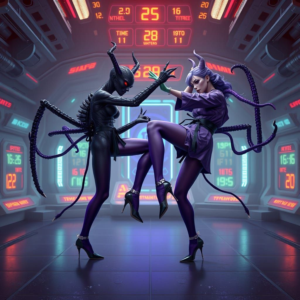 Spider Hybrid Demons Sparring in Futuristic Arena