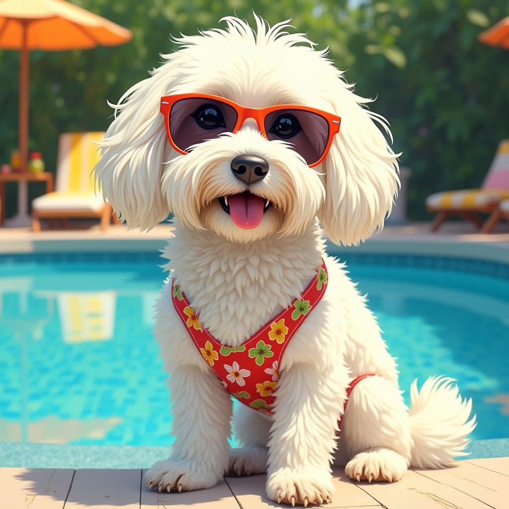 Charming Havanese Dog in Sunglasses and Hawaiian-Print Swimw...
