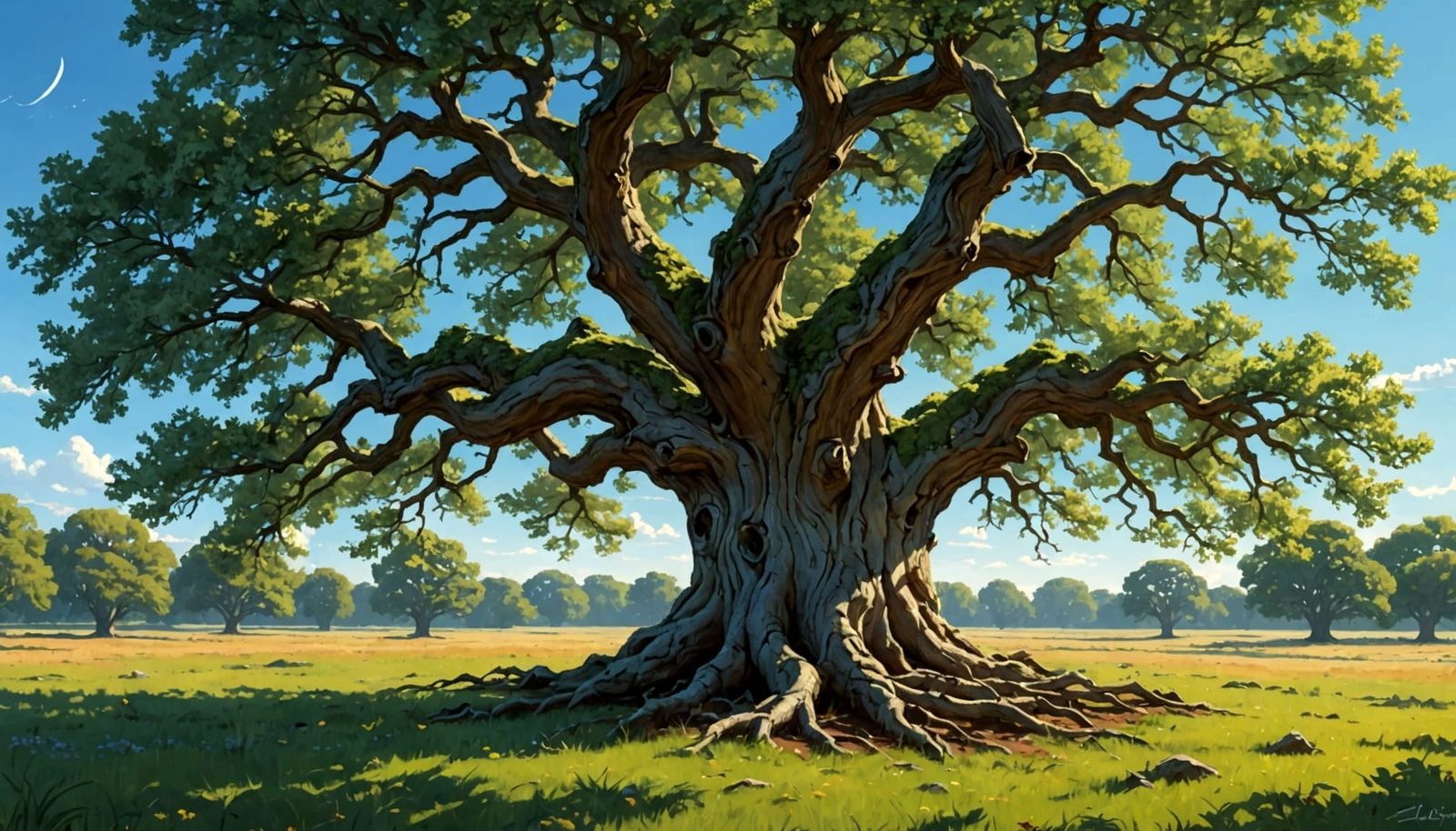 Solitary Gnarled Oak Tree in Azure Meadow