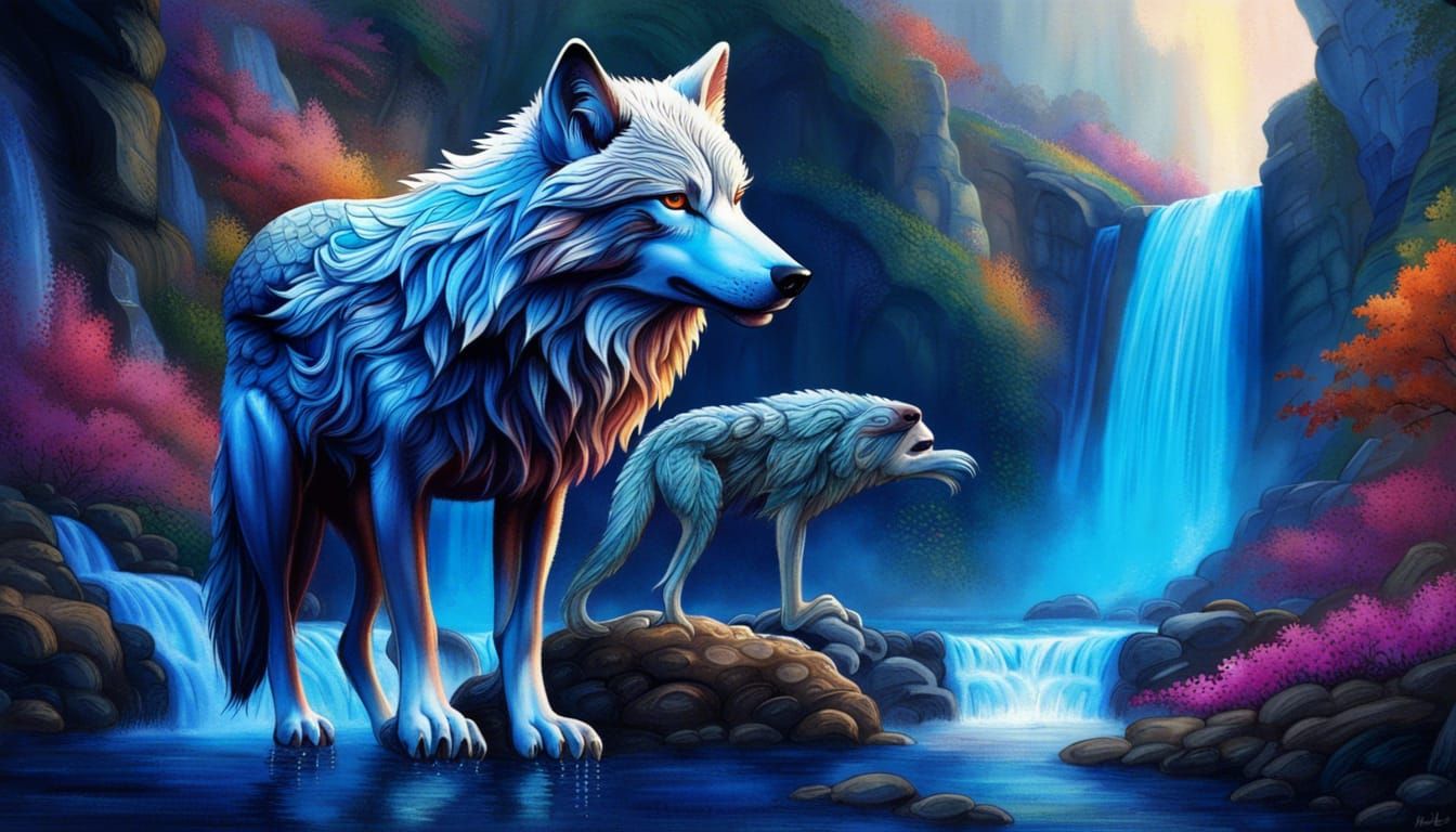 Wolf in Fairy Waterfall Landscape