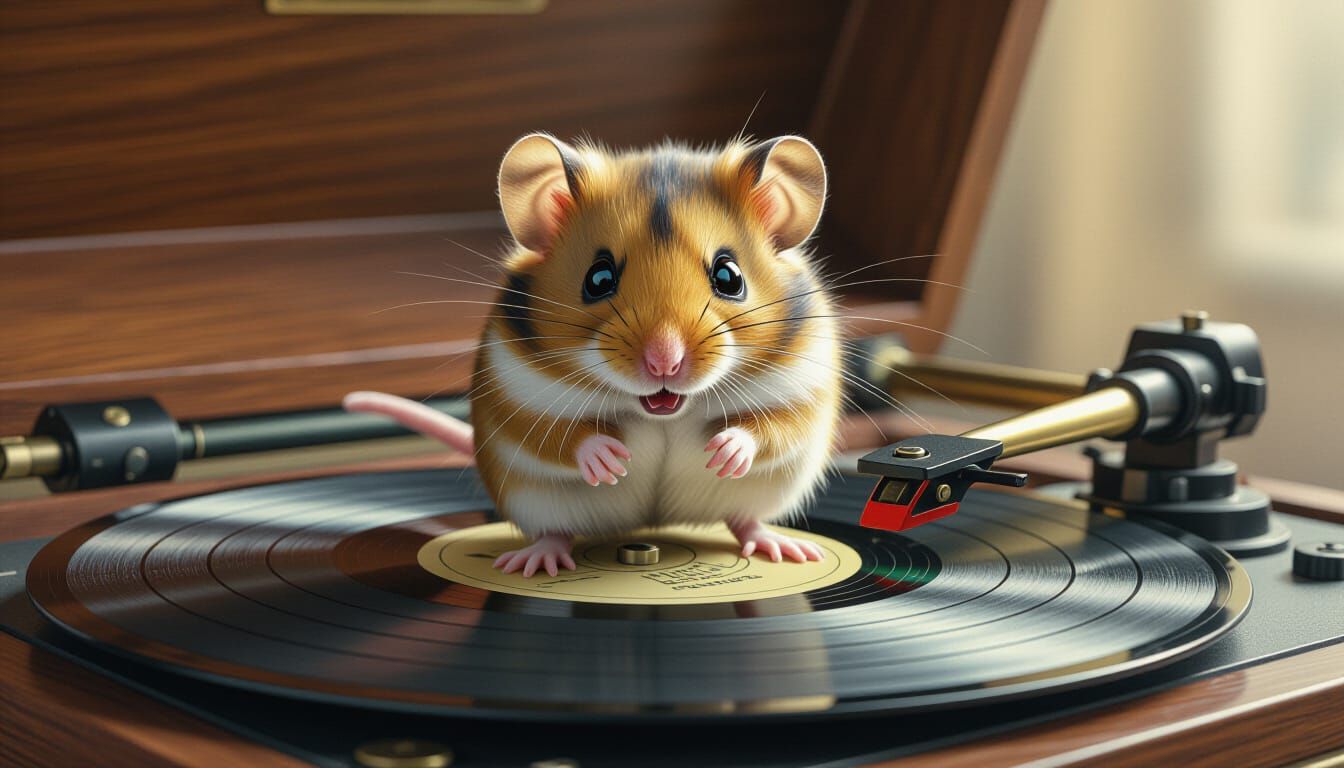 Hamster-Mouse Hybrid on Vinyl Record as Charcoal Drawing