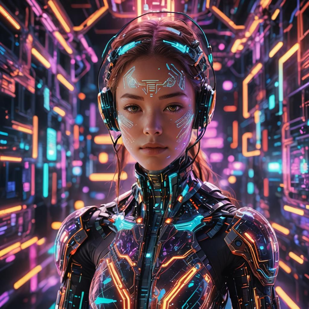Holographic AI Avatar in Neon Virtual Space
