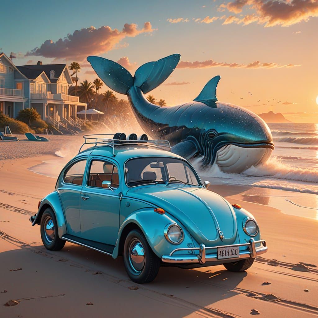 Sparkly Blue VW Bug with Whale Tail on Beach