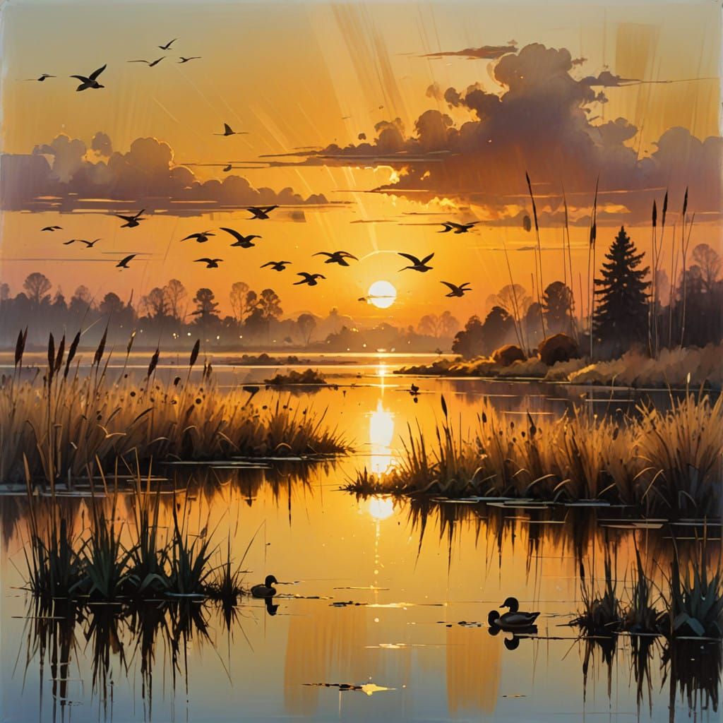 Golden Sunset with Flying Ducks and Bullrushes