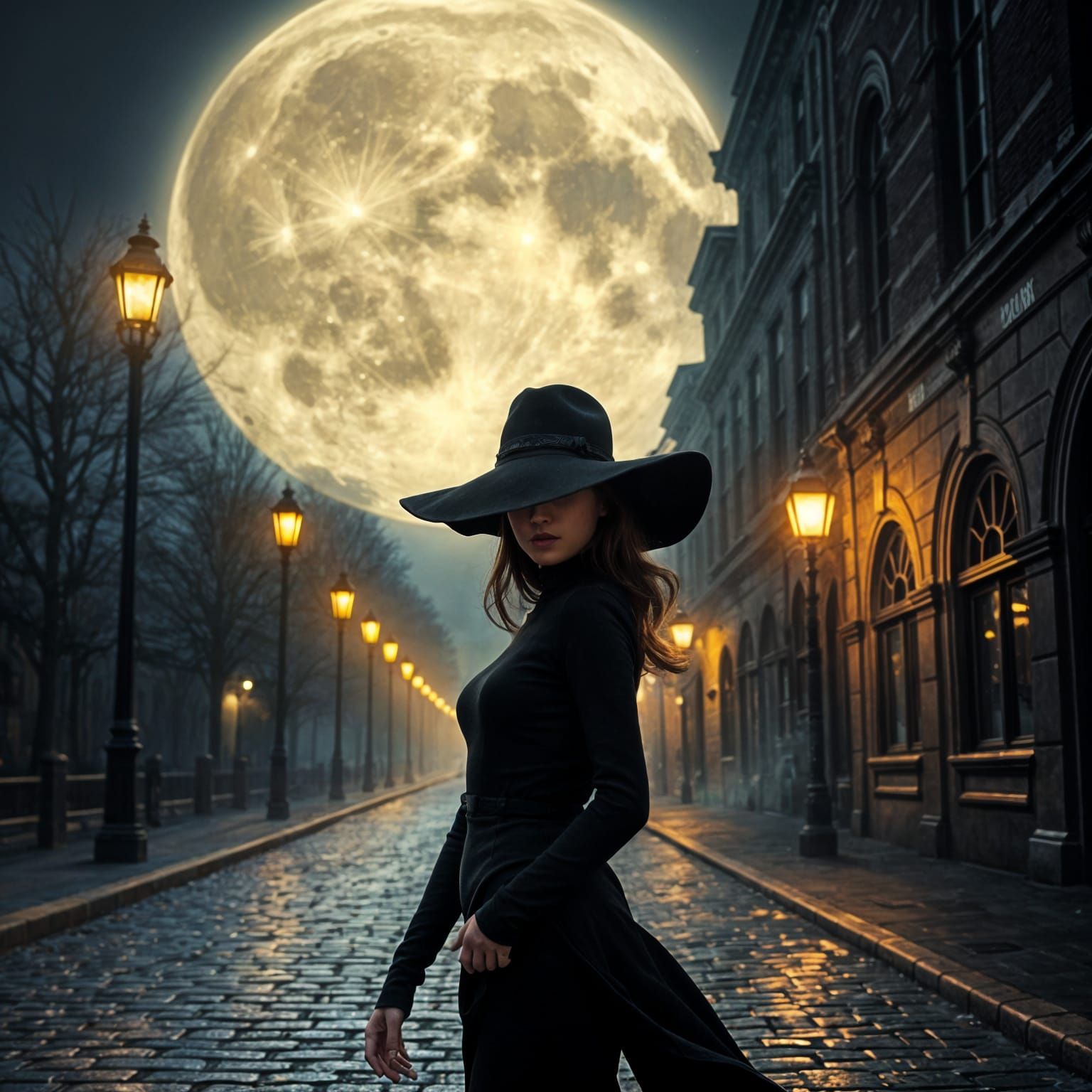 Woman Strolls Under a Majestic Full Moonlit Night