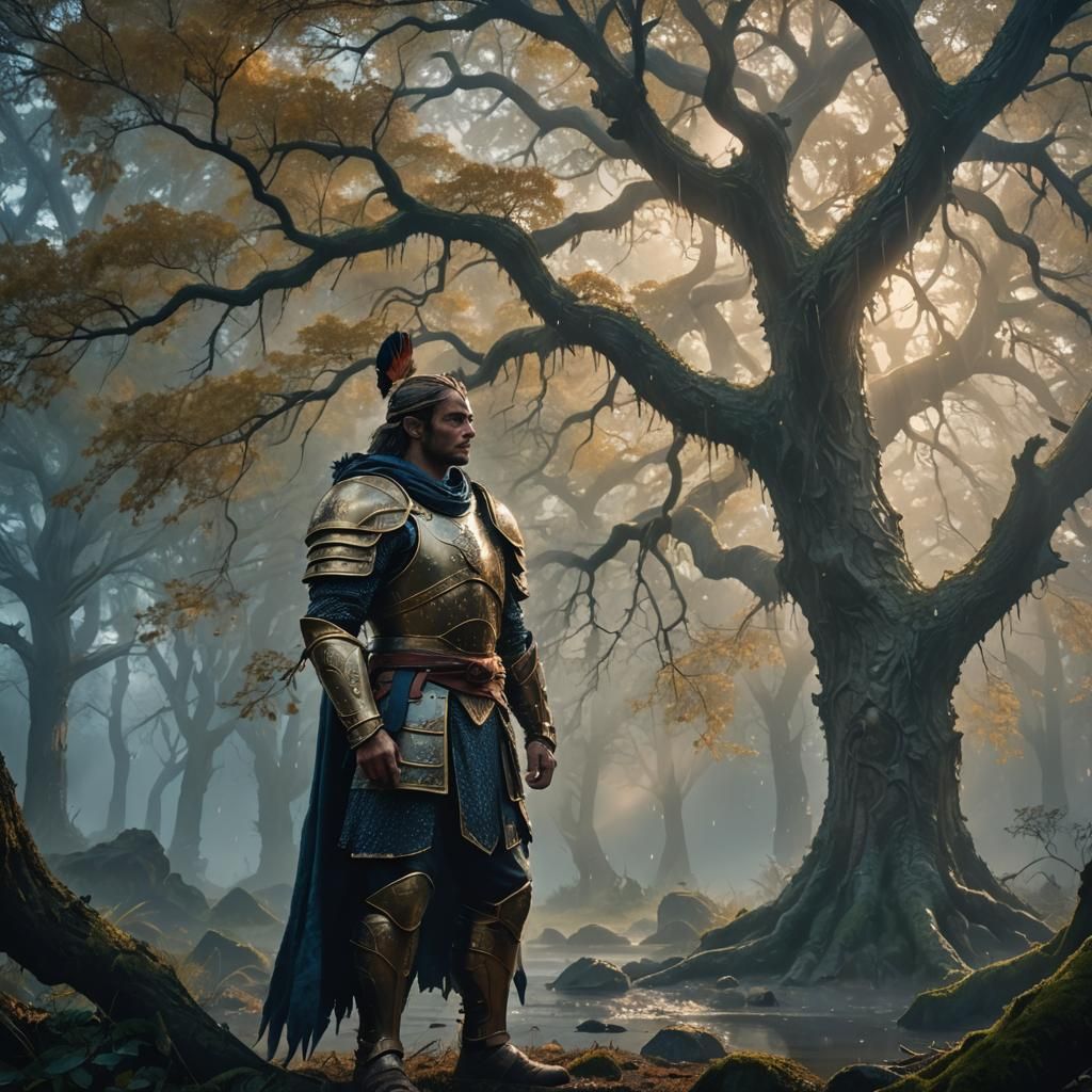 Regal Warrior in Mystical Forest: Fantasy Concept Art