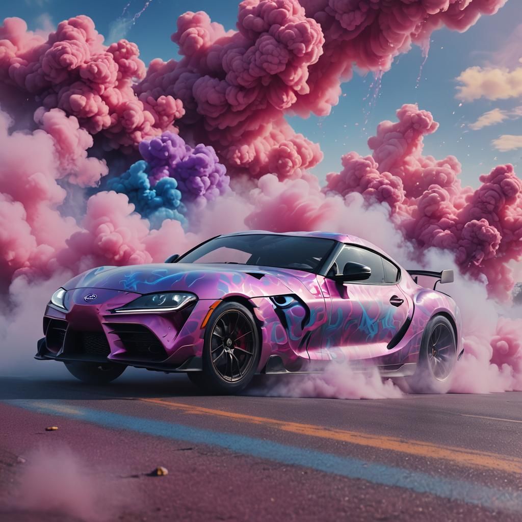 Pink Supra Drifting Through Blue Smoke