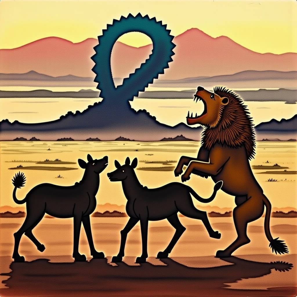 Lion versus Hyenas with Helix Backdrop
