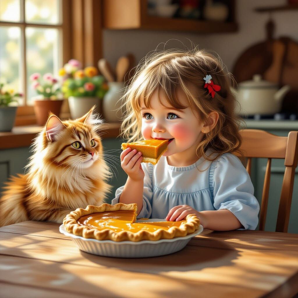 Girl Eats Pumpkin Pie With Her Cat, Children's Book Style