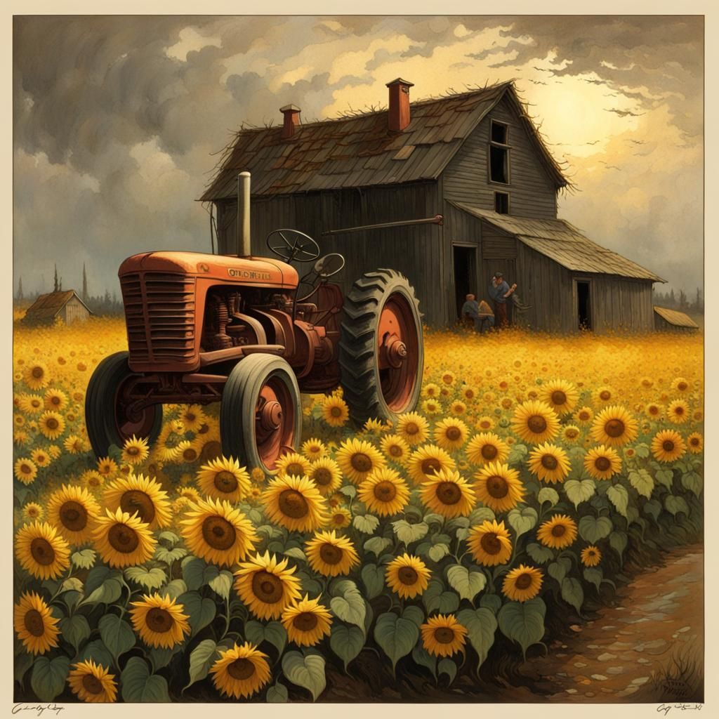 Rustic Tractor in Sunflower Field: Doré Style