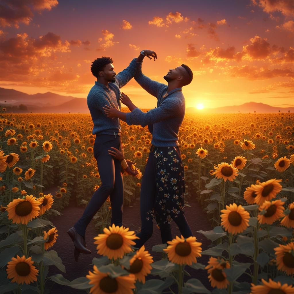 Gay Couple Dancing in a Sunflower Field at Sunset