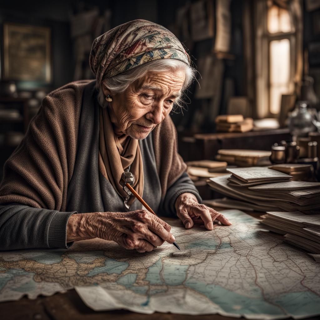 Hyperrealistic Old Woman Cartographer