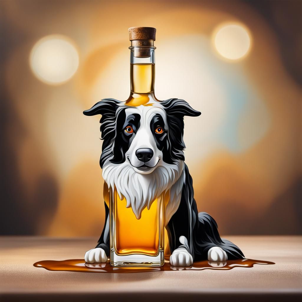 Border Collie Rum Bottle in Surrealist Style