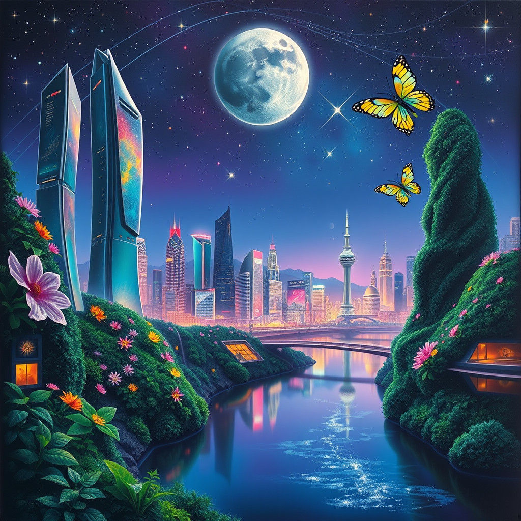 Dreamlike Futuristic Cityscape with Lush Foliage