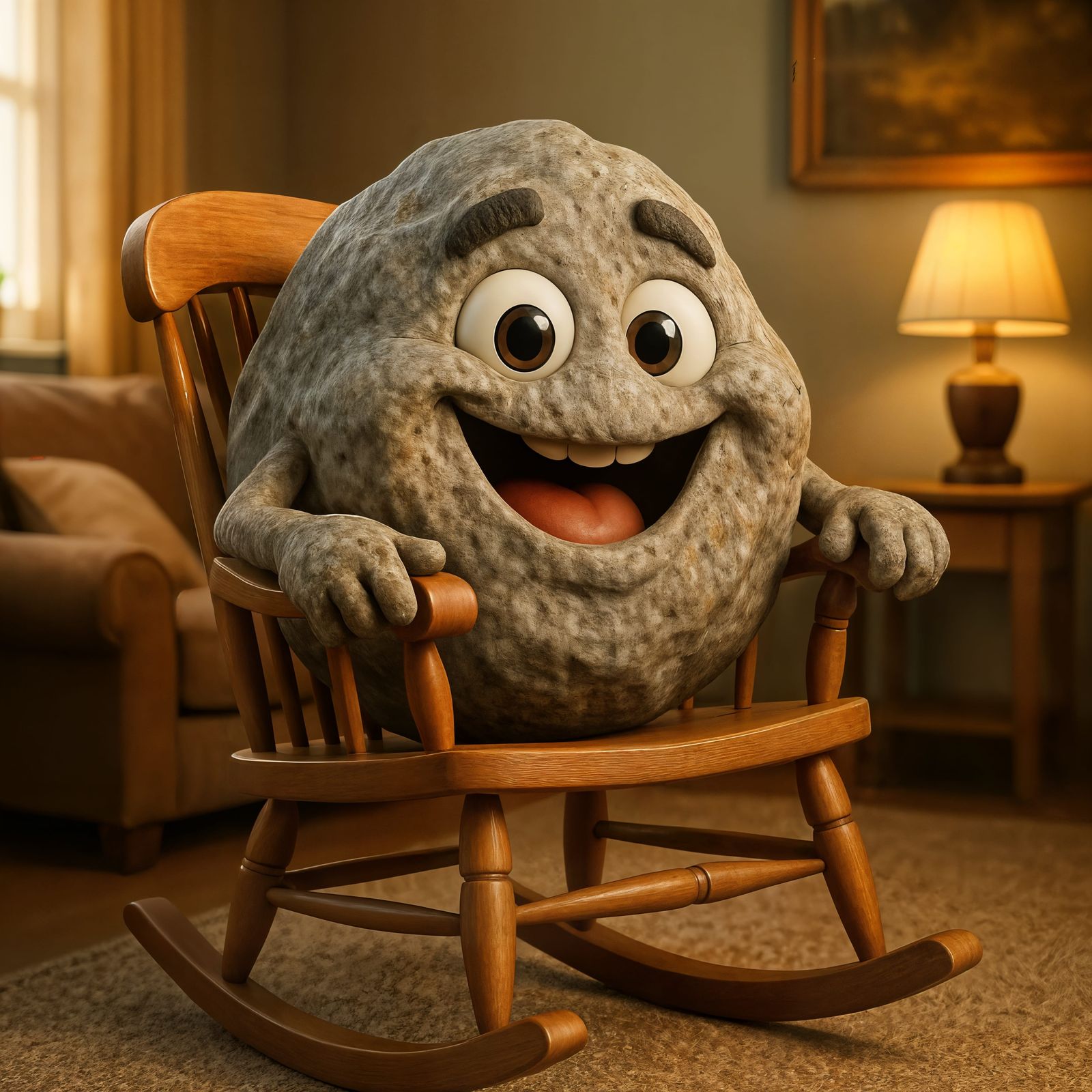 Happy Cartoon Rock Character in Rocking Chair
