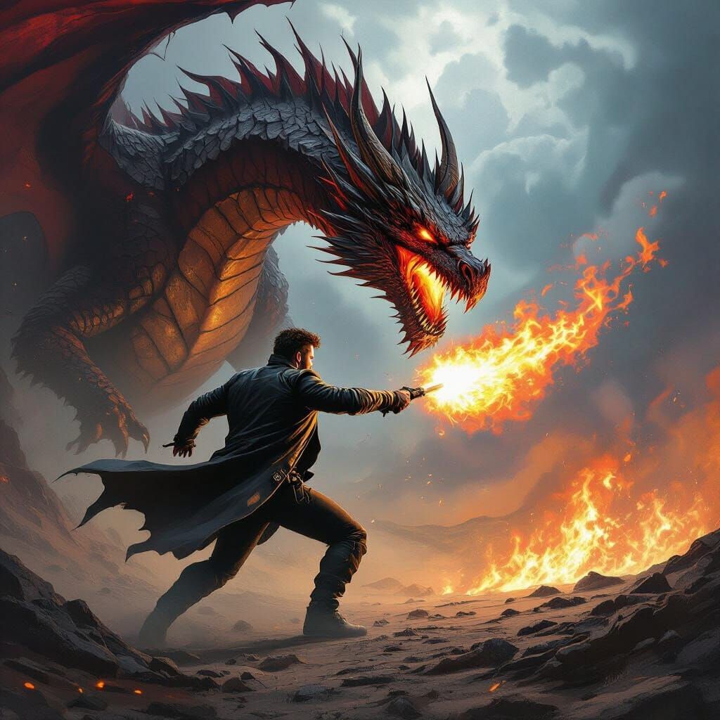 Dean Winchester Battles Fiery Dragon in Dark Fantasy Art