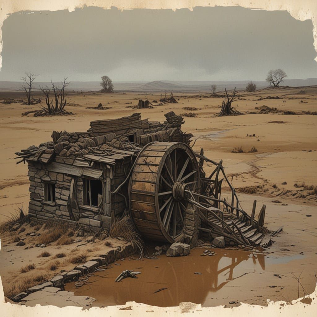 Barren Arid Landscape in Distressed Watercolor