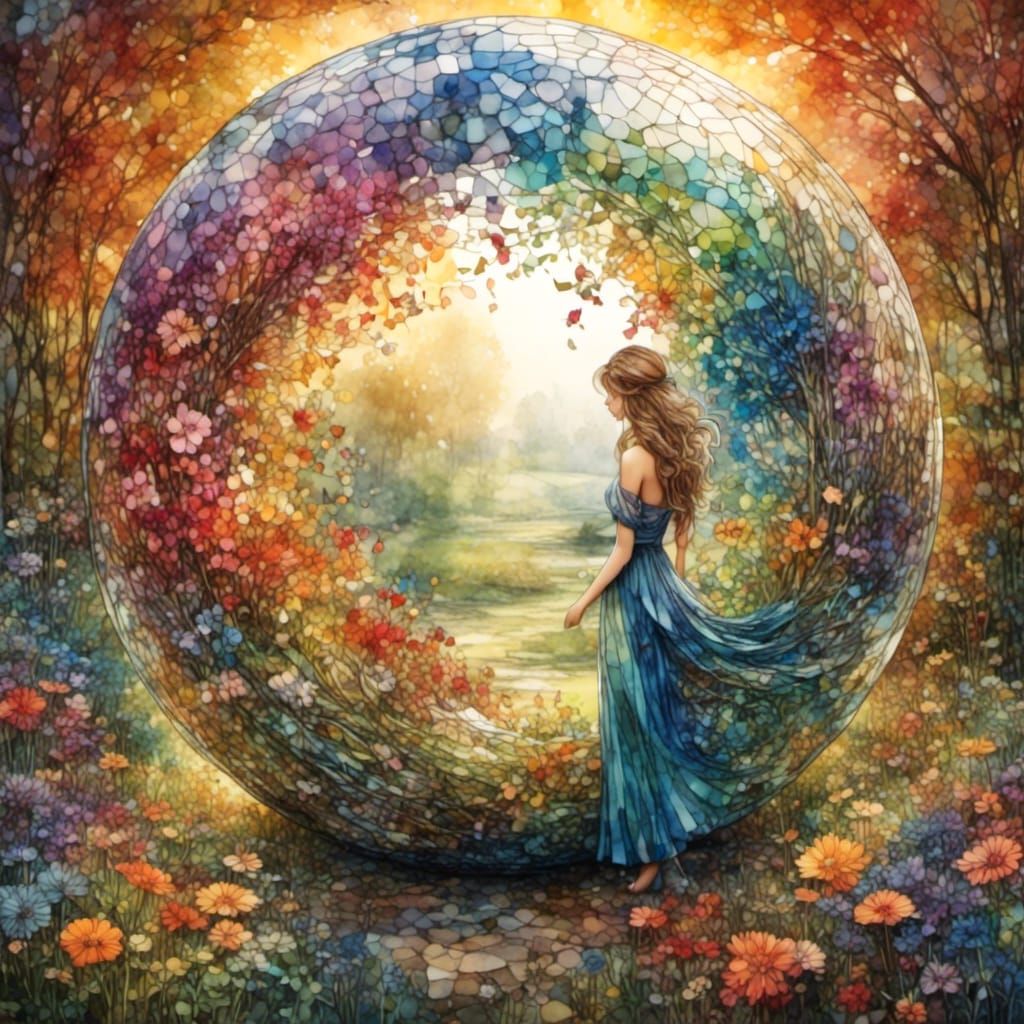 Jay in Mosaic Glass Sphere: Hyperrealistic Splash Art