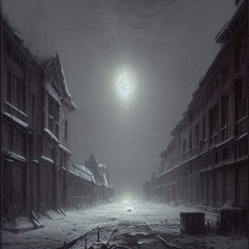 Horror Winter Town in Dark Engraving Style