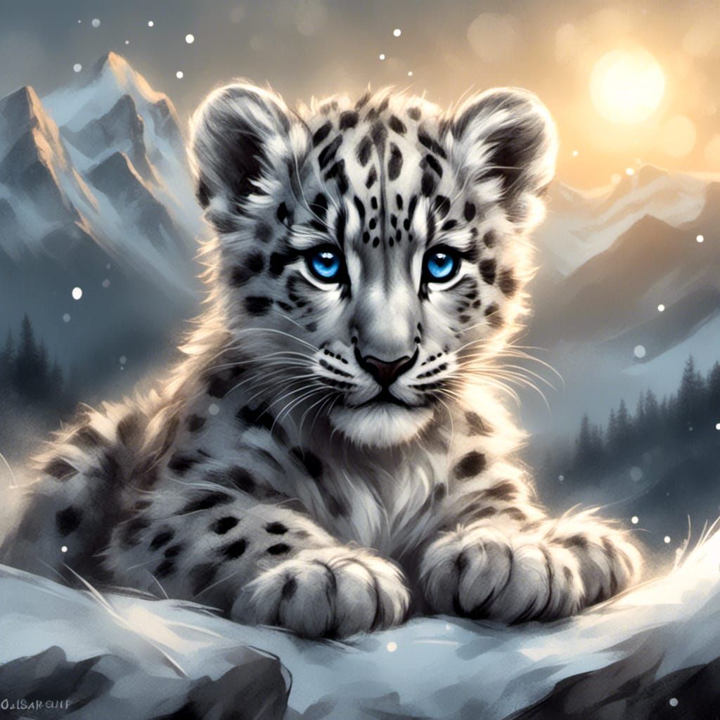 Snow Leopard Cub Charcoal and Ink Drawing